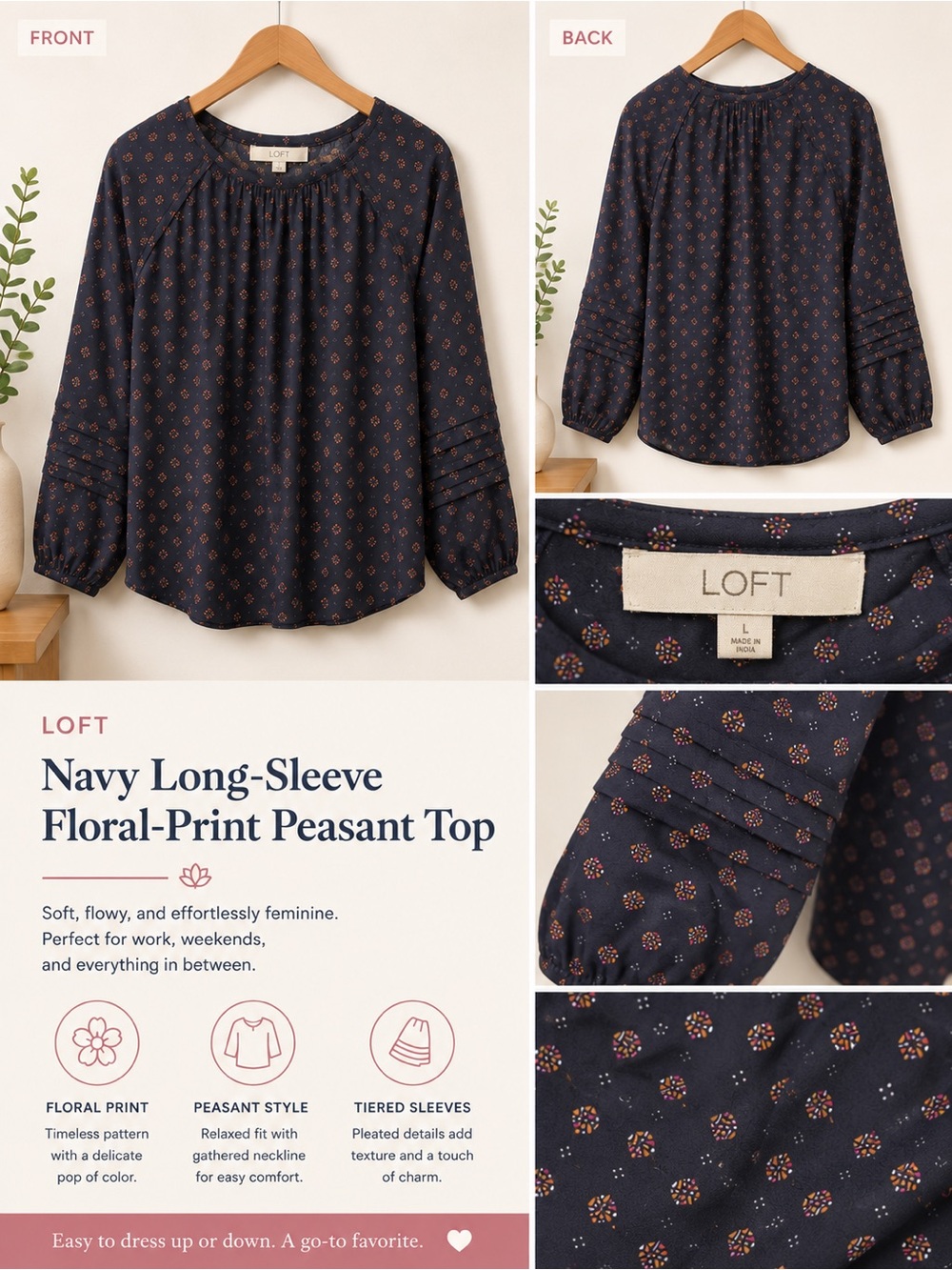 LOFT Navy Long-Sleeve Floral-Print Peasant Top